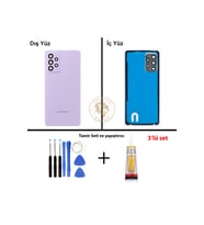 Samsung Galaxy A72 Mor Renk Uyumlu Lensli Arka Kapak + Tamir Seti + B7000 Yapıştırıcı Arka Cam Batarya Kapağı Pil Kapağı Lazer Kesim Back Cover Galaxy A72 Uyumlu