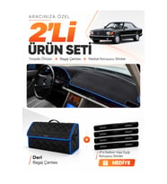 MERCEDES W126-C126 (1979-1991) Uyumlu Torpido Örtüsü + Deri Bagaj Çantası + Sticker Seti - Siyah Mavi