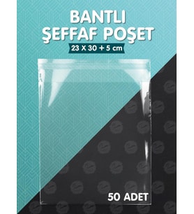 Bantlı Şeffaf Poşet (23x30+5cm)   50 Adet Parlak Jelatin Paket Hediye Poşeti -T956