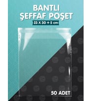 Bantlı Şeffaf Poşet (23x30+5cm)   50 Adet Parlak Jelatin Paket Hediye Poşeti -T956 (Renksiz)