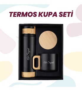 Kişiye Özel İsimli Mat Siyah Çelik Termos ve Bambu Kapaklı Kupa Hediye Seti