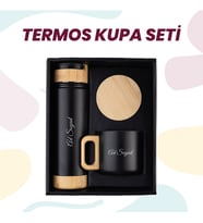 Kişiye Özel İsimli Mat Siyah Çelik Termos ve Bambu Kapaklı Kupa Hediye Seti