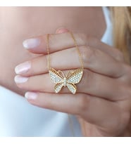925 Ayar Gümüş Kadın Taşlı Kelebek Kolye (Gold)