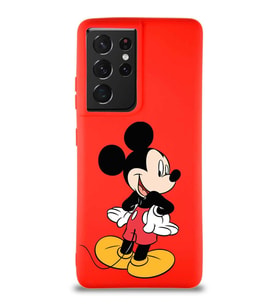 Samsung Galaxy S21 Ultra Soft Premier Kapak Mickey Mouse-D Tasarımlı Silikon Kılıf - Kırmızı (Şeffaf)