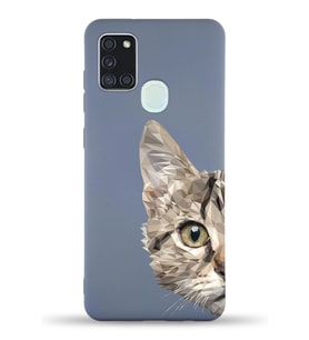 Samsung Galaxy A21s Uyumlu Lansman Kılıf Catface Tasarımlı İçi Kadife Kapak-Petrol Mavisi (Şeffaf)