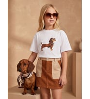 Kız Çocuk Köpek Baskılı Taş Detaylı Tasarım T-shirt (Beyaz)