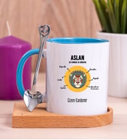 Kişiye Özel Aslan Burcuna Hediye Ahşap Altlıklı Mavi Kupa Bardak
