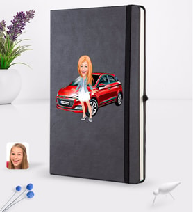 BK Gift Kişiye Özel Plakalı Kadın Hyundai İ20 Karikatürlü Siyah Termo Deri Defter 16x24cm Model 1