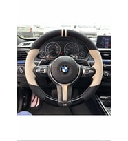BMW F01/F02 Dikme Direksiyon Kılıfı Delikli Deri Parlak Siyah Bej Detay Çift Yüzük ve Dikiş 2012-2015