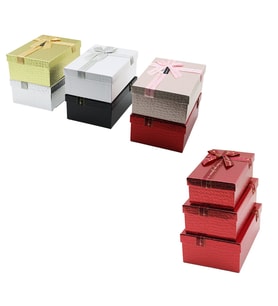3PCS D.dörtgen Parlak Mix Renkli - Kabartma Desen Karton Hediye Kutusu Kurdelalı 22.5X15.5-20.5X13.5-18.5X11.5CM