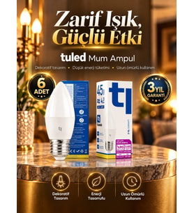 Tuled Redeem Plus 4.3 W LED Ampul, 5700 Kelvin E27 C 37S , Titreşimsiz, Göz Konforu, 609 Lümen, Parlak Beyaz 6 adet