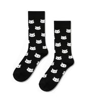 Beyaz Kedi Yüzü Desenli Siyah Unisex Soket Çorap
