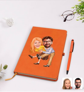 BK Gift Kişiye Özel Sevgililer Karikatürlü Turuncu Termo Deri Defter Kalem Seti Model 102