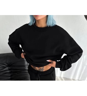 pilelistore- Kışlık Bisiklet Yaka Üç İplik Basic SweatShirt - Siyah