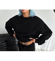 pilelistore- Kışlık Bisiklet Yaka Üç İplik Basic SweatShirt - Siyah