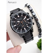 Ferrucci İç Fonksiyonları Aktif 30mt Suya Dayanıklı Çelik Kordon + Bileklik Hediyeli Erkek Kol Saati VS.BLKT.0957
