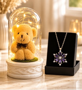 Led Işıklı Peluş Ayıcıklı Fanus ve Gerçek Ametist Taşlı Lotus Kolye Sevgiliye Anneye Arkadaşa Hediye Seti