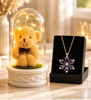 Led Işıklı Peluş Ayıcıklı Fanus ve Gerçek Ametist Taşlı Lotus Kolye Sevgiliye Anneye Arkadaşa Hediye Seti