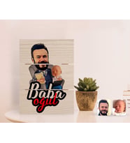 BK Gift Kişiye Özel Baba Oğul Karikatürlü Otantik Masaüstü Ahşap Palet Çerçeve-4 (Beyaz)