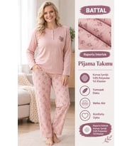 Lindros Kadın Düğme Yaka Raporlu İnterlok KIŞLIK Battal Pijama Takımı 03017 - 1 Adet