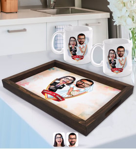 BK Gift Kişiye Özel İsimli Sevgililer Karikatürlü Doğal Ahşap Tepsi ve 2’li Kupa Bardak Seti-16