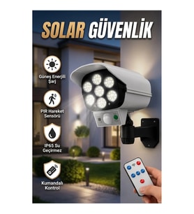 Güneş Enerjili 77 LED Güvenlik Lambası ve Kukla Kamera – PIR Hareket Sensörlü 2400 mAh