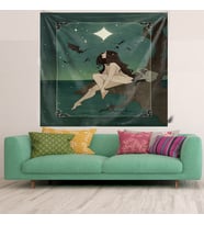 Gecede Oturan Kız Leke Tutmaz Kadife Dokulu Kumaş Duvar Örtüsü Duvar Halısı Tapestry (Yeşil)