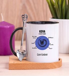 Kişiye Özel Kova Burcuna Hediye Ahşap Altlıklı Siyah Kupa Bardak