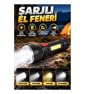 9 LED Şarjlı El Feneri Uzun Menzilli 4 Modlu Güçlü Aydınlatma