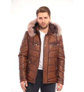 Erkek Deri Mont Kapüşonlu-EM020288 (Taba)