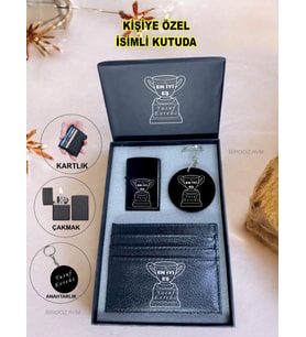 Kişiye Özel İsimli Sevgiliye Hediye Lüks Çakmak & Kartlık & Anahtarlık 3 Lü Hediye Set Özel Kutu