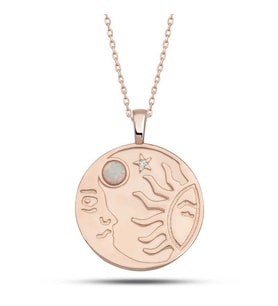 Gümüş Rose Opal Beyaz Taşlı Ay Güneş Kadın Kolye