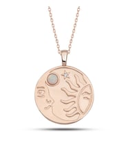 Gümüş Rose Opal Beyaz Taşlı Ay Güneş Kadın Kolye
