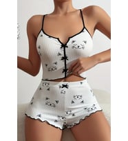 Merry See Yavru Kedi Baskılı Askılı Şortlu  Pijama Takımı (Beyaz)