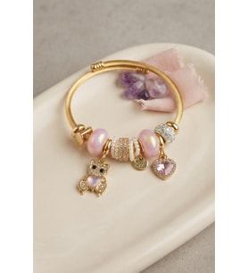 Pembe Renk Teddy Bear Model Gold Charmlı Bileklik