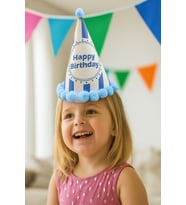 35 cm Baş Çevresi – 20 cm Mavi Çizgili Ponponlu Happy Birthday Doğum Günü Şapkası