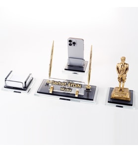 Prime Atatürk Biblolu Kristal Masaüstü İsimlik Seti Ofis Hediyesi Masa İsimliği Gold Kalemlik Takımı