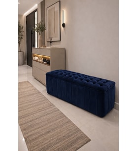 Kapitone dilimli puf bench, modern dekor için lüks görünüm.