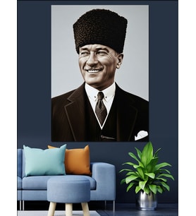 Atatürk Gülümseyen Siyah Beyaz Dekoratif Kanvas - Mdf Ahşap Tablo