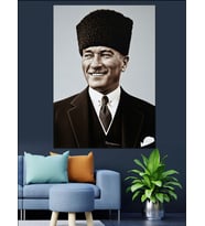 Atatürk Gülümseyen Siyah Beyaz Dekoratif Kanvas - Mdf Ahşap Tablo