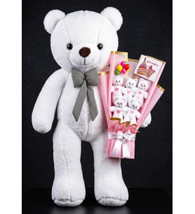 Büyük Boy 90cm Beyaz Peluş Ayıcık Doğum Günü Temalı Ayıcık Buketi İyiki Doğdun Detaylı Hediyelik Set