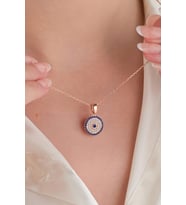12 mm GÜMÜŞ Rose Kaplama Nazar Boncuklu Boncuğu Zirkon Taşlı Mavi Göz Kolye (Rose - Lacivert)