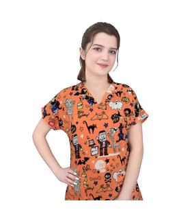 Unisex Cadılar Bayramı Desenli Esnek  Likralı Doktor Hemşire Veteriner Aşçı Scrubs Tek  Üst Forma
