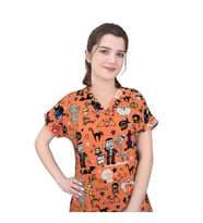 Unisex Cadılar Bayramı Desenli Esnek  Likralı Doktor Hemşire Veteriner Aşçı Scrubs Tek  Üst Forma (Sarı)