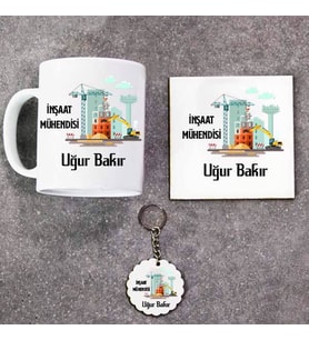 İnşaat Mühendisi Kupa Bardak Altlık ve Anahtarlık Hediye Seti (Model 1)