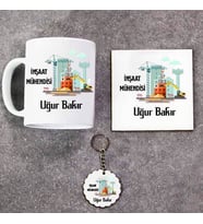 İnşaat Mühendisi Kupa Bardak Altlık ve Anahtarlık Hediye Seti (Model 1)