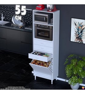 Eliusta Kumsal 55 cm Fırın Dolabı Beyaz 3 Çekmeceli Sepetli Çok Amaçlı Mutfak Kiler Dolabı 55x194x32 cm