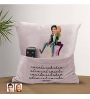 BK Gift Kişiye Özel Sevgililer Karikatür Tasarımlı Organizer Kumanda ve Atıştırmalık Cepli Pembe Kırlent Yastık-35 Arkadaşa Hediye, Cepli Yastık