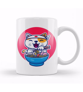Kedi Cat Eating Ramen Noodle Kupa Bardak Porselen