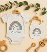 Pia Baby Premium %100 Pamuk İsme Özel Organik Baskılı Çıtçıtlı Bebek Body Ve Önlük 5073-20 (Ekru)